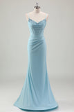 Blu sirena spaghetti cinghie raso corsetto lungo abito da ballo con perline