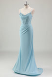 Blu sirena spaghetti cinghie raso corsetto lungo abito da ballo con perline