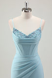 Blu sirena spaghetti cinghie raso corsetto lungo abito da ballo con perline