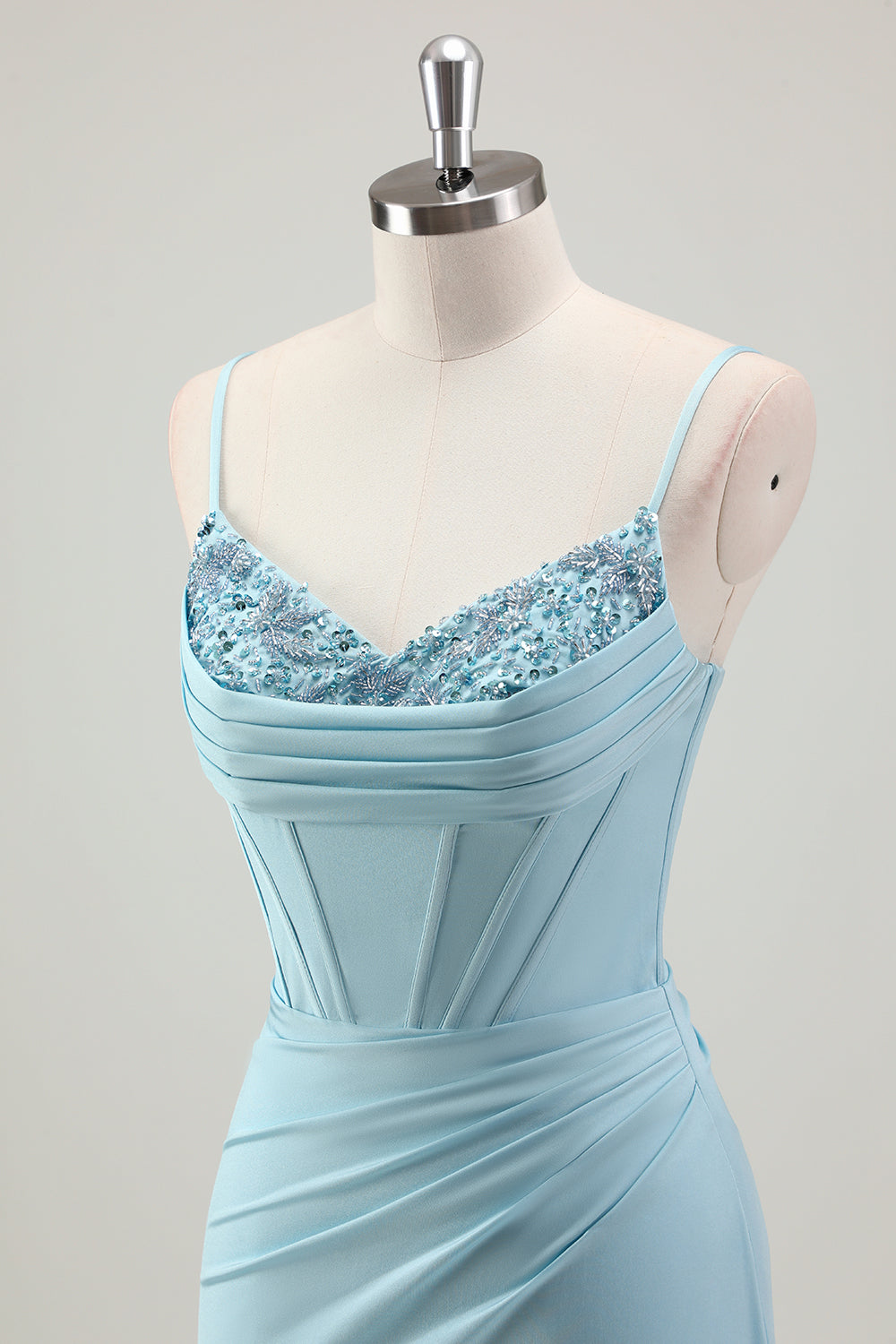Blu sirena spaghetti cinghie raso corsetto lungo abito da ballo con perline
