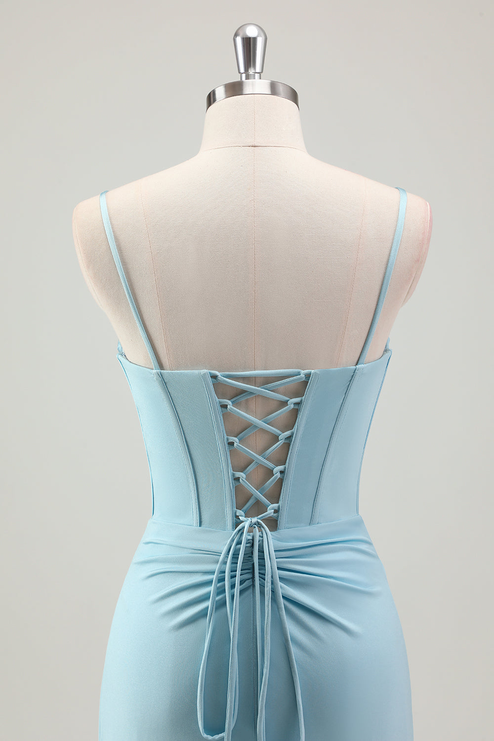 Blu sirena spaghetti cinghie raso corsetto lungo abito da ballo con perline