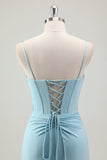 Blu sirena spaghetti cinghie raso corsetto lungo abito da ballo con perline