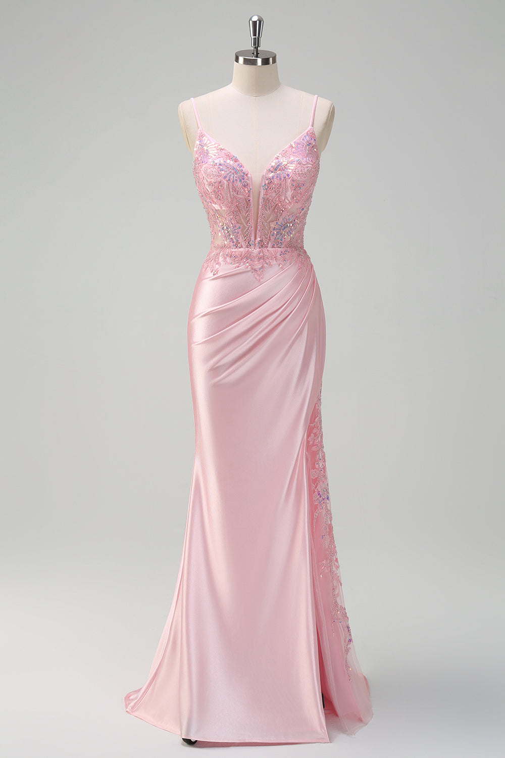 Paillettes scintillanti rosa chiaro sirena increspato corsetto Abito da cerimonia con fessura