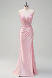 Paillettes scintillanti rosa chiaro sirena increspato corsetto Abito da cerimonia con fessura
