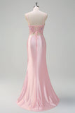 Paillettes scintillanti rosa chiaro sirena increspato corsetto Abito da cerimonia con fessura