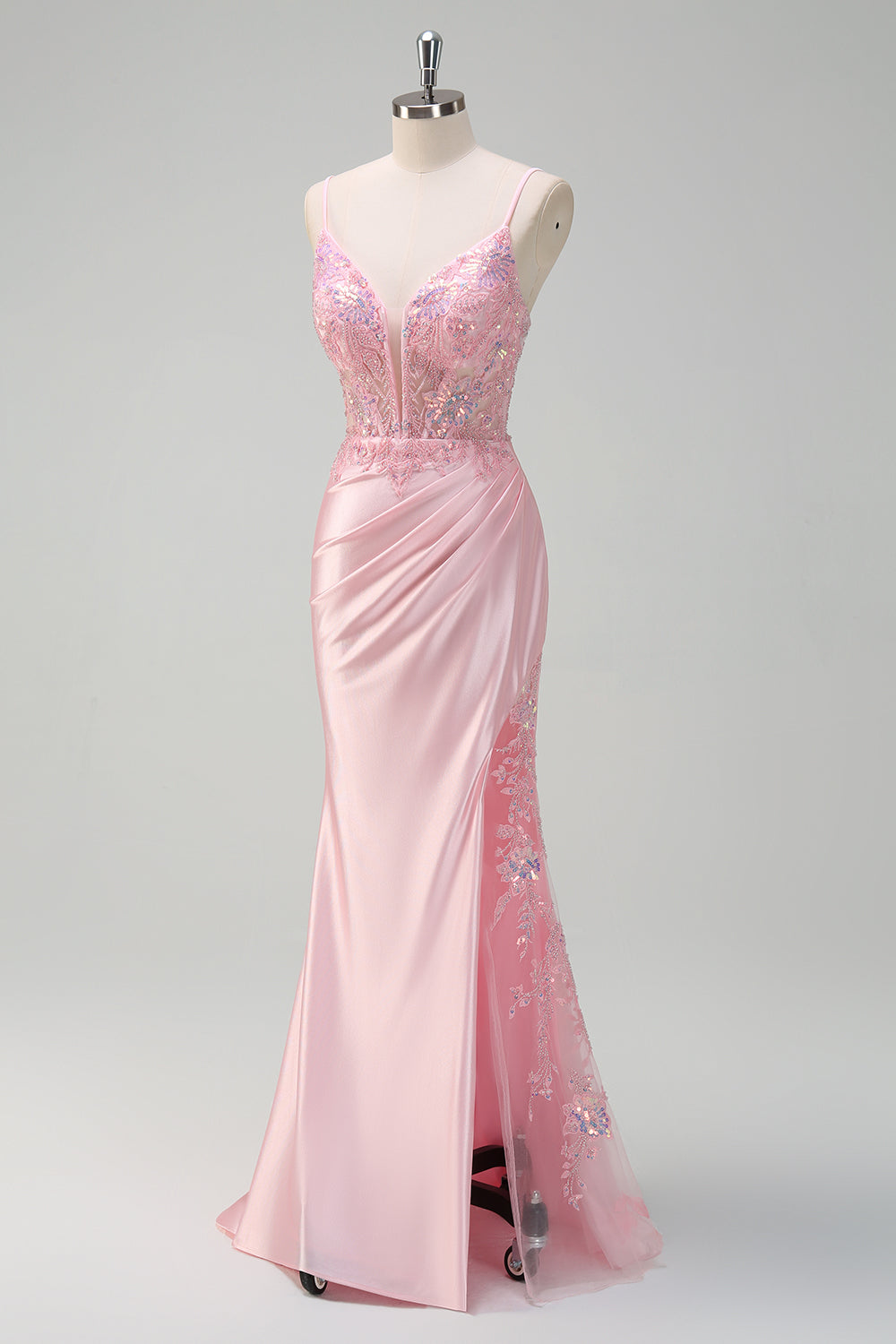Paillettes scintillanti rosa chiaro sirena increspato corsetto Abito da cerimonia con fessura