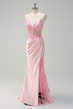 Paillettes scintillanti rosa chiaro sirena increspato corsetto Abito da cerimonia con fessura