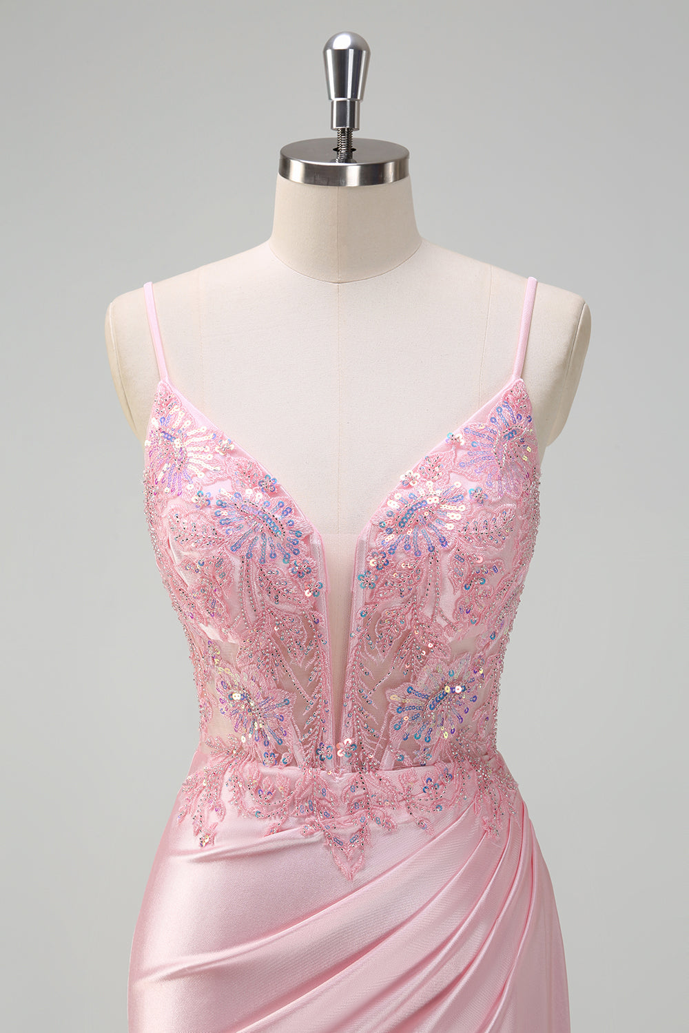 Paillettes scintillanti rosa chiaro sirena increspato corsetto Abito da cerimonia con fessura