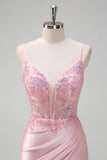 Paillettes scintillanti rosa chiaro sirena increspato corsetto Abito da cerimonia con fessura