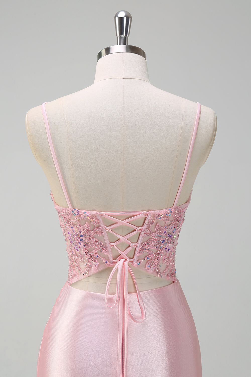 Paillettes scintillanti rosa chiaro sirena increspato corsetto Abito da cerimonia con fessura
