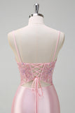 Paillettes scintillanti rosa chiaro sirena increspato corsetto Abito da cerimonia con fessura