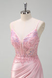 Paillettes scintillanti rosa chiaro sirena increspato corsetto Abito da cerimonia con fessura