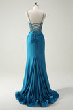 Sparkly blu Spaghetti Straps scollo a V increspato lungo abito da cerimonia con perline