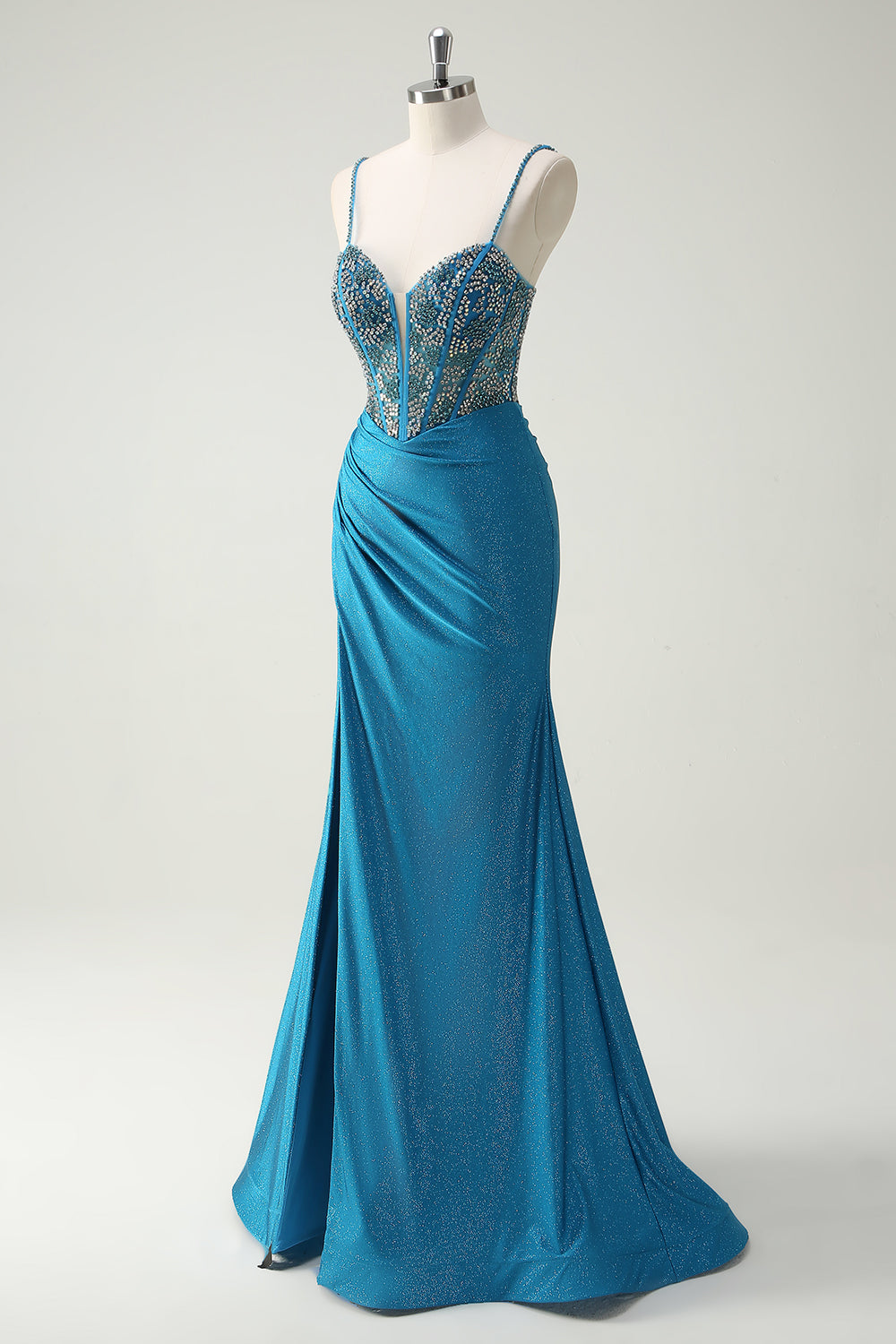 Sparkly blu Spaghetti Straps scollo a V increspato lungo abito da cerimonia con perline
