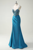Sparkly blu Spaghetti Straps scollo a V increspato lungo abito da cerimonia con perline