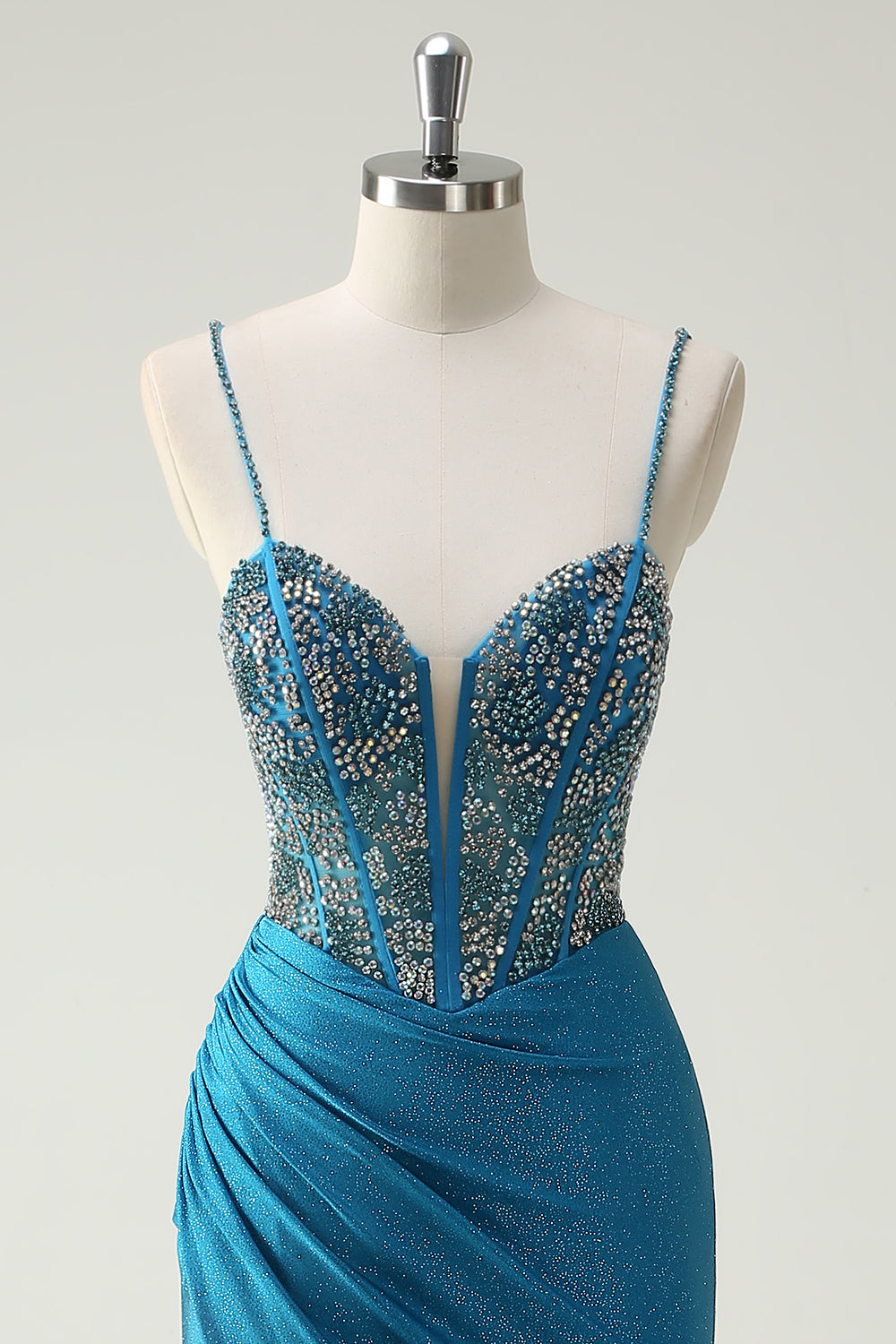 Sparkly blu Spaghetti Straps scollo a V increspato lungo abito da cerimonia con perline
