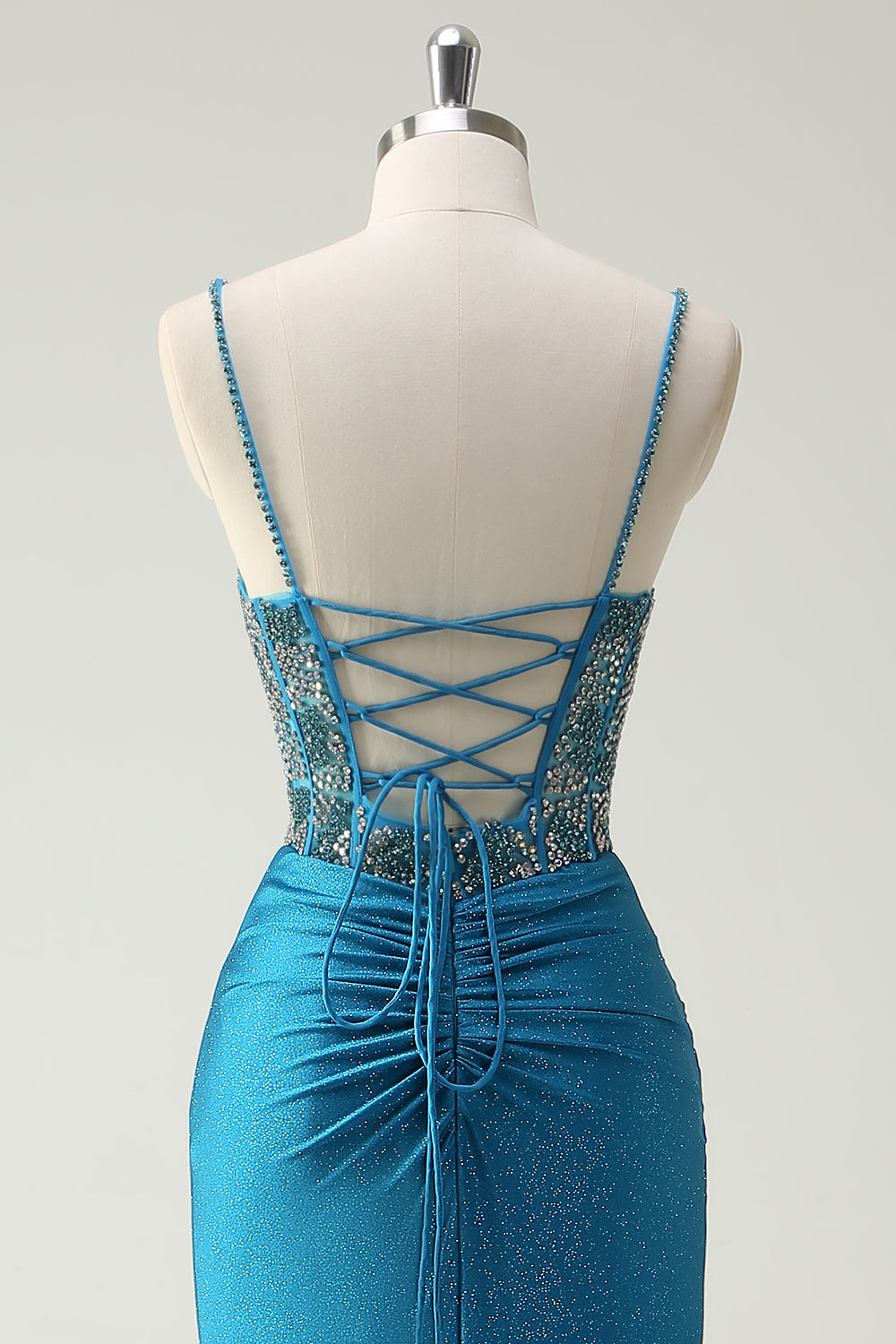 Sparkly blu Spaghetti Straps scollo a V increspato lungo abito da cerimonia con perline