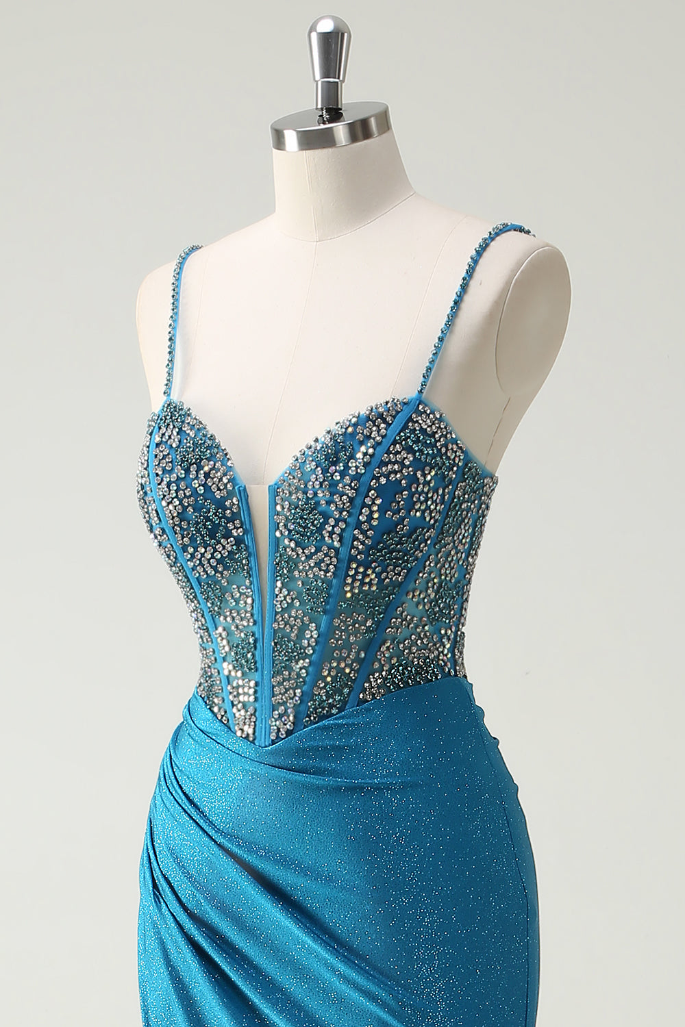 Sparkly blu Spaghetti Straps scollo a V increspato lungo abito da cerimonia con perline
