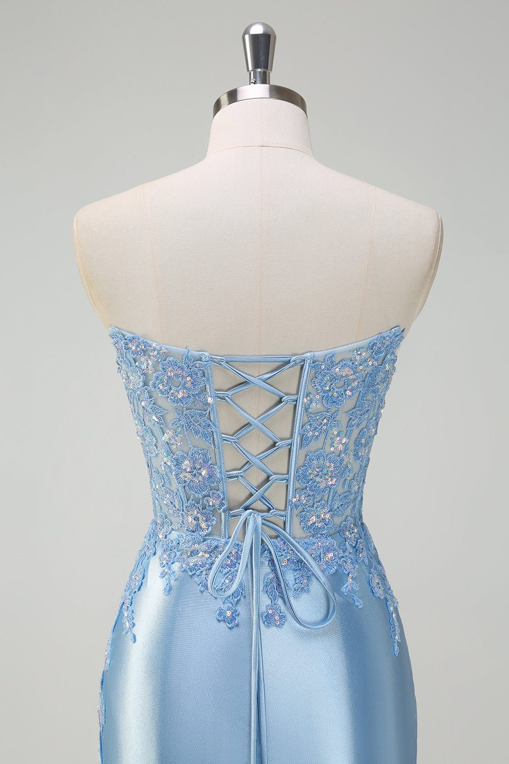 Luce blu sirena corsetto senza spalline paillettes raso Abito da cerimonia con fessura