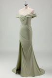 Sage Mermaid Off the Spalla increspato lungo abito da ballo con fessura