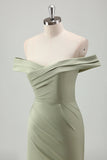 Sage Mermaid Off the Spalla increspato lungo abito da ballo con fessura
