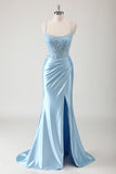 Blu sirena corsetto spaghetti cinghie applicato lungo Abito da cerimonia