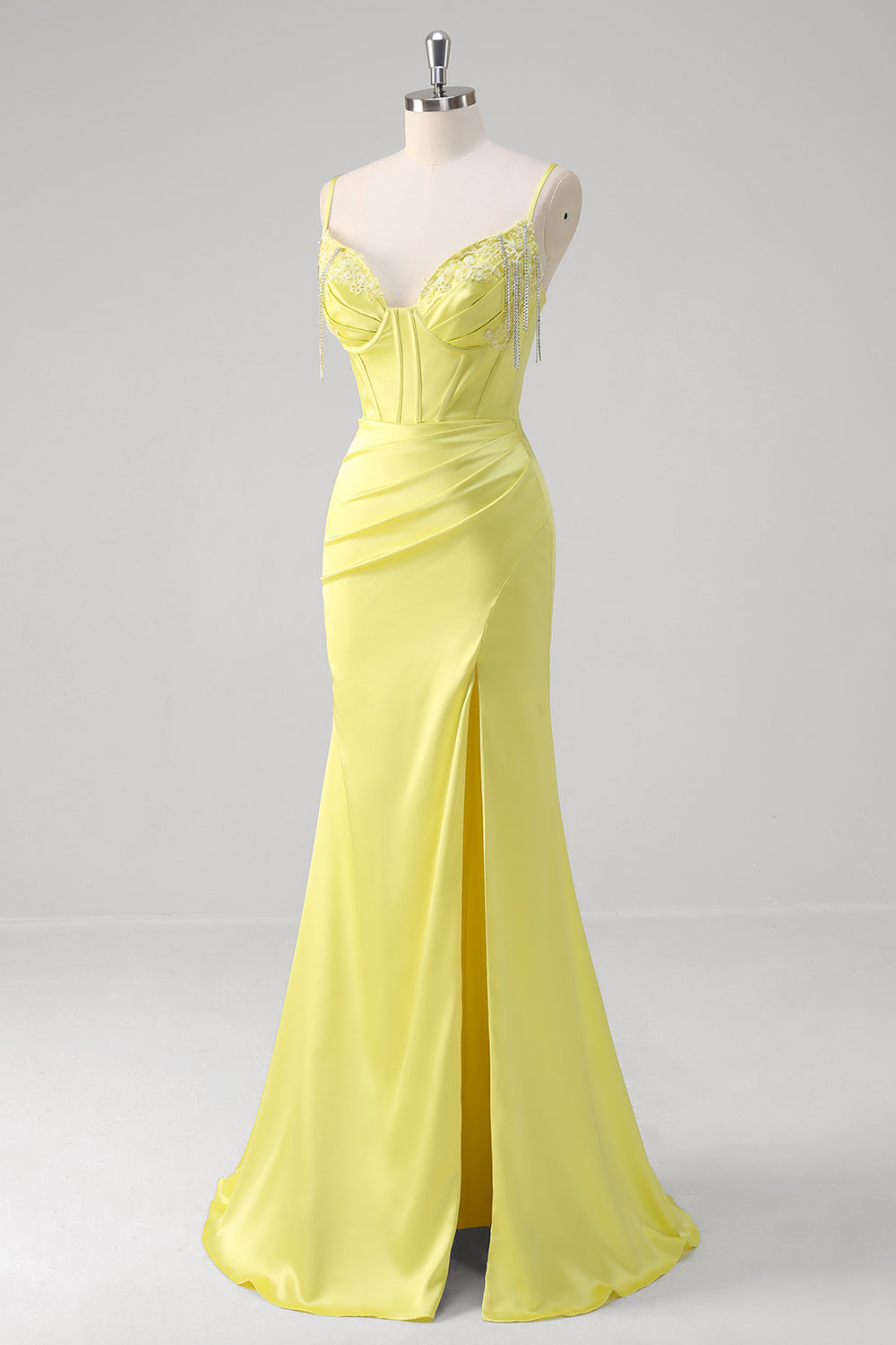 Giallo sirena corsetto spaghetti cinghie lungo abito da cerimonia con fessura
