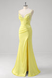 Giallo sirena corsetto spaghetti cinghie lungo abito da cerimonia con fessura