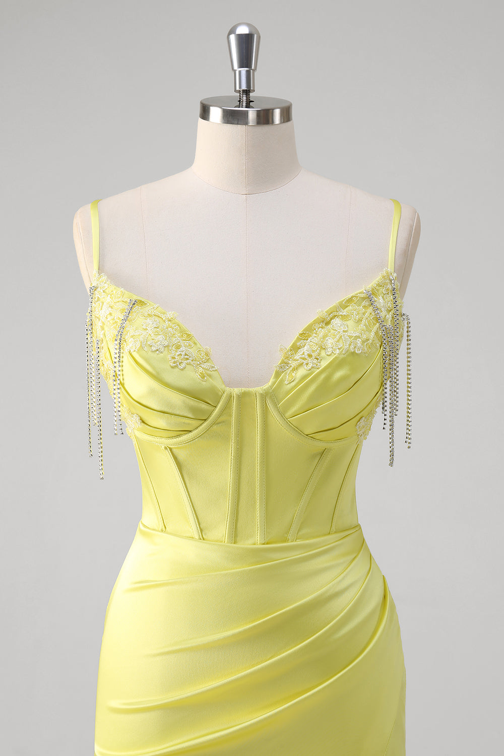 Giallo sirena corsetto spaghetti cinghie lungo abito da cerimonia con fessura
