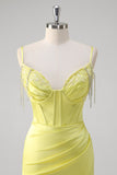 Giallo sirena corsetto spaghetti cinghie lungo abito da cerimonia con fessura