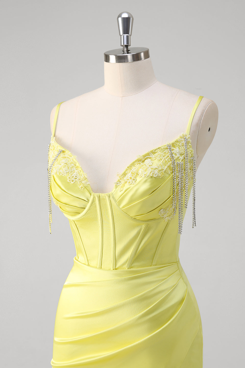 Giallo sirena corsetto spaghetti cinghie lungo abito da cerimonia con fessura