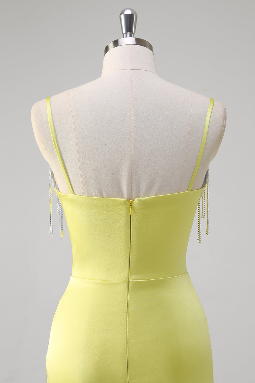 Giallo sirena corsetto spaghetti cinghie lungo abito da cerimonia con fessura