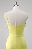 Giallo sirena corsetto spaghetti cinghie lungo abito da cerimonia con fessura