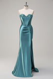 Royal Blue Mermaid corsetto senza spalline paillettes increspato lungo Abito da cerimonia con fessura