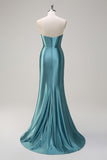 Royal Blue Mermaid corsetto senza spalline paillettes increspato lungo Abito da cerimonia con fessura
