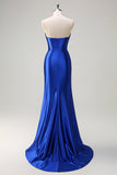 Royal Blue Mermaid corsetto senza spalline paillettes increspato lungo Abito da cerimonia con fessura