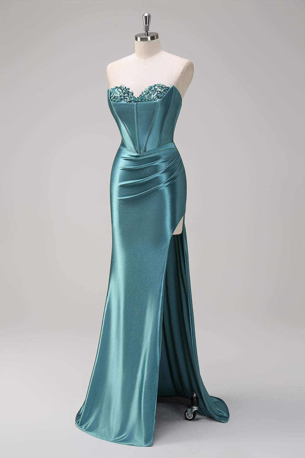 Royal Blue Mermaid corsetto senza spalline paillettes increspato lungo Abito da cerimonia con fessura