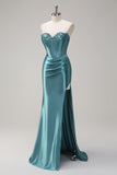 Royal Blue Mermaid corsetto senza spalline paillettes increspato lungo Abito da cerimonia con fessura