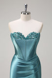 Royal Blue Mermaid corsetto senza spalline paillettes increspato lungo Abito da cerimonia con fessura