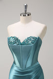 Royal Blue Mermaid corsetto senza spalline paillettes increspato lungo Abito da cerimonia con fessura