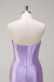 Scintillante Lilla Mermaid Corsetto senza spalline Paillettes Raso lungo Abito da cerimonia con fessura