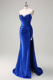 Royal Blue Mermaid corsetto senza spalline paillettes increspato lungo Abito da cerimonia con fessura