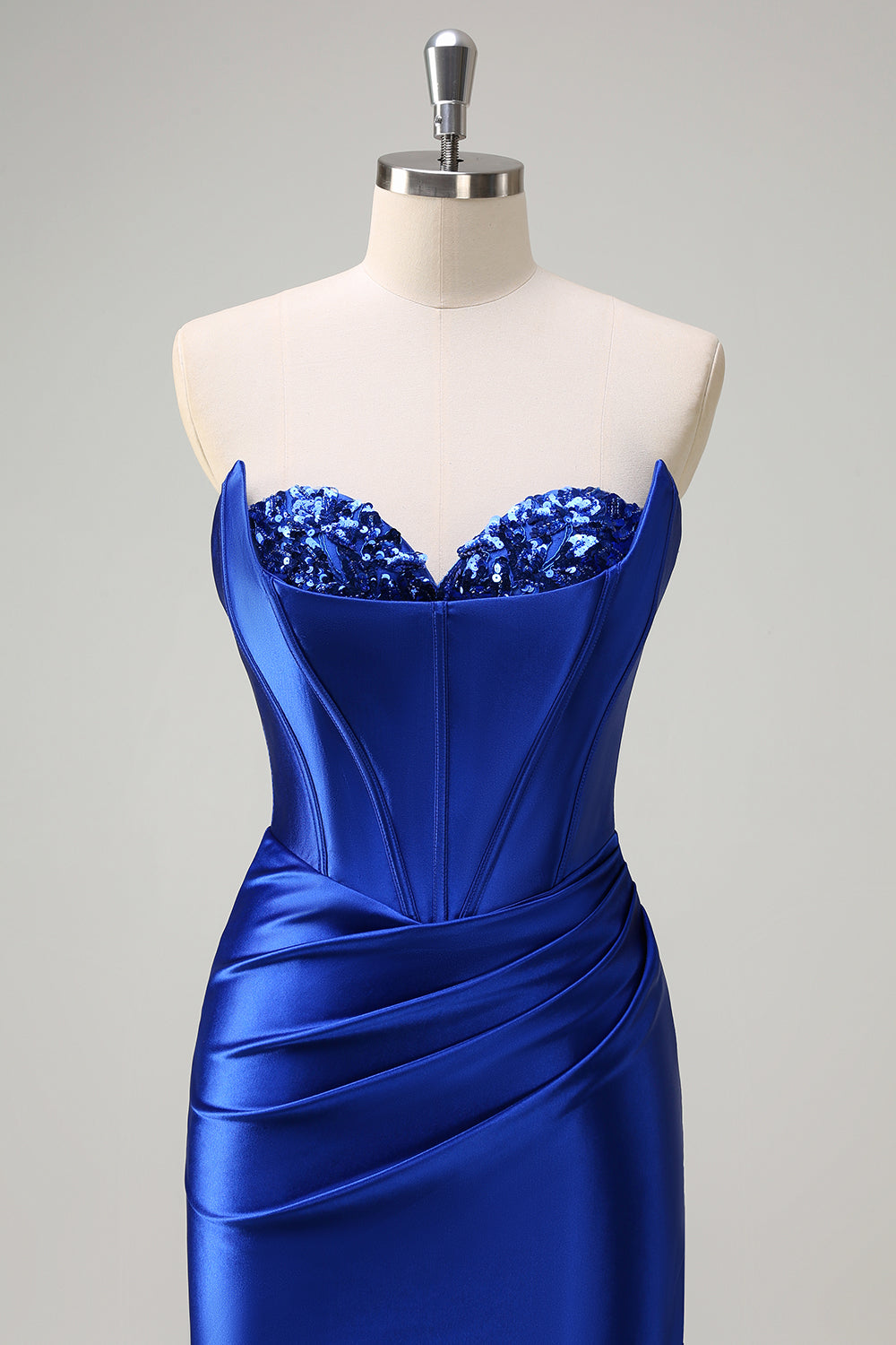 Royal Blue Mermaid corsetto senza spalline paillettes increspato lungo Abito da cerimonia con fessura