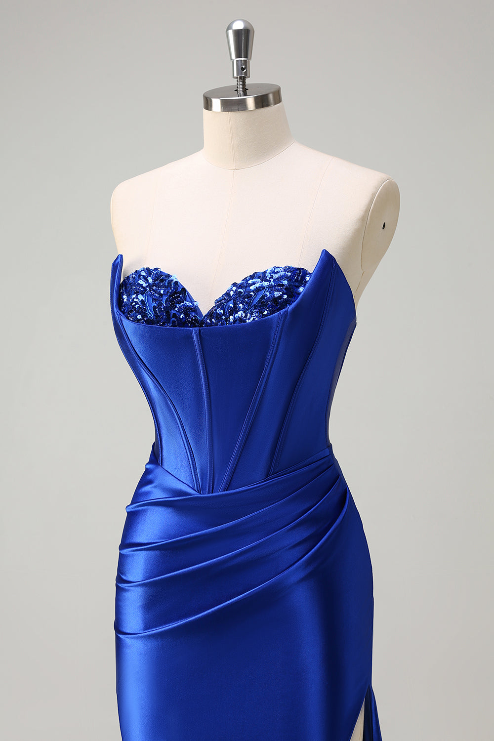 Royal Blue Mermaid corsetto senza spalline paillettes increspato lungo Abito da cerimonia con fessura