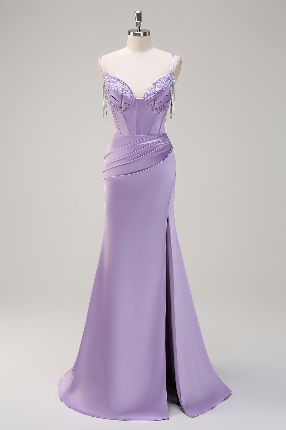 Lilla sirena spaghetti spalline increspato corsetto lungo abito da cerimonia con perline