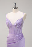Lilla sirena spaghetti spalline increspato corsetto lungo abito da cerimonia con perline