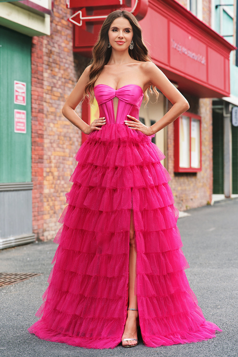 Fucsia Principessa Senza Spalline Tagliato A Più Livelli Tulle Abito da cerimonia Lunghi