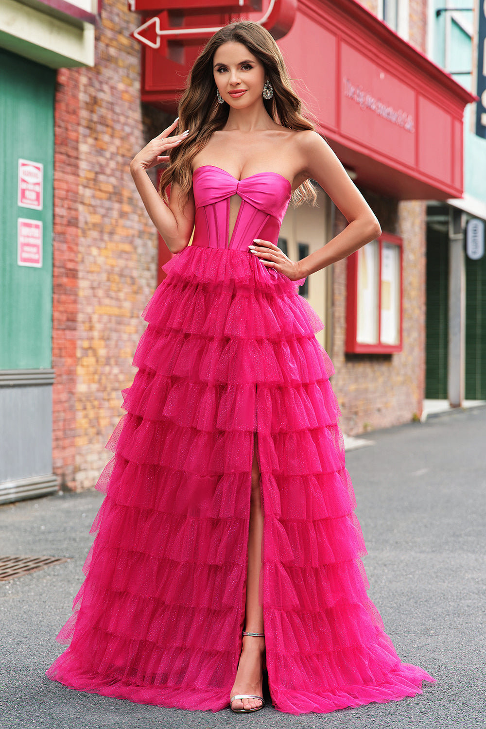 Fucsia Principessa Senza Spalline Tagliato A Più Livelli Tulle Abito da cerimonia Lunghi