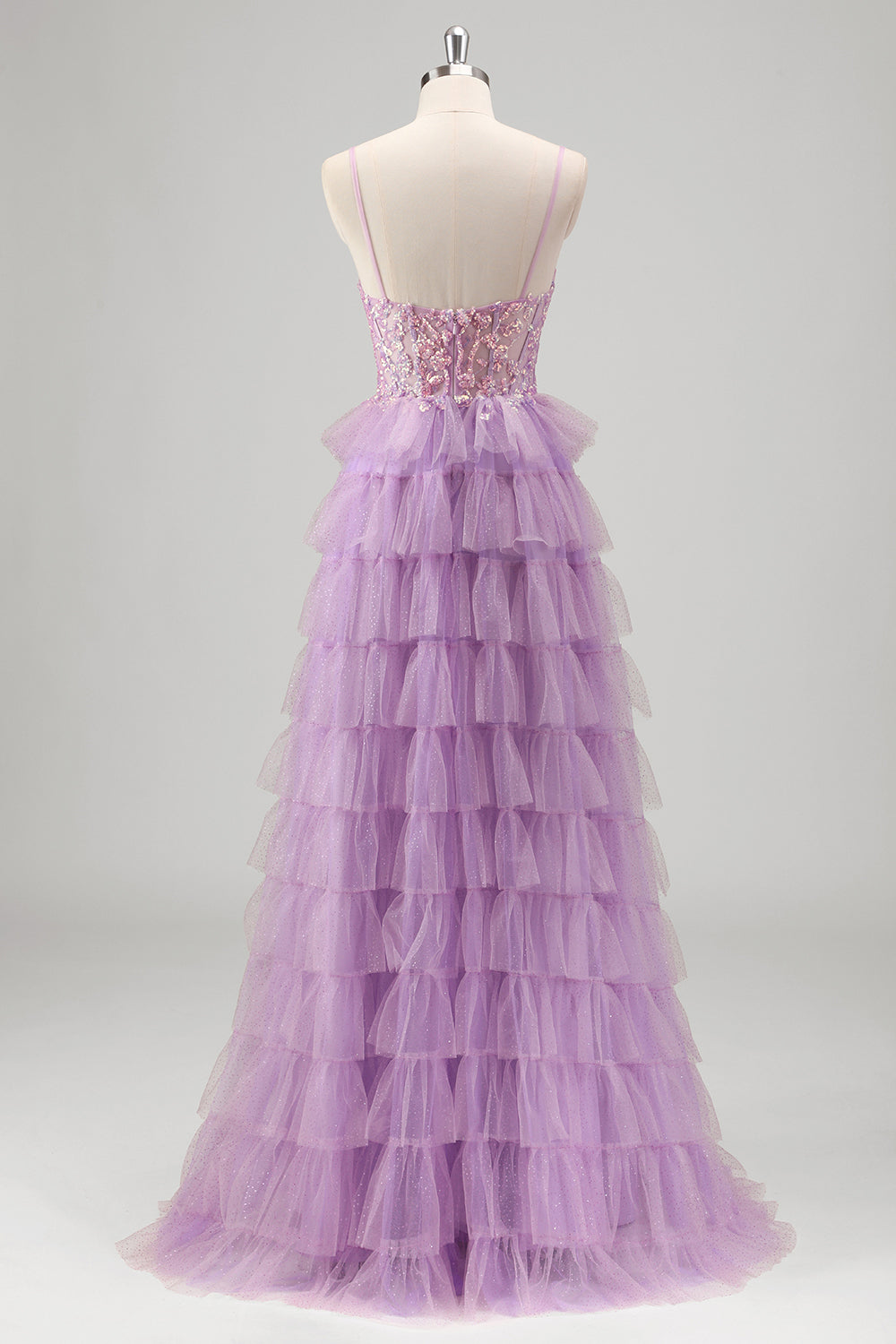 Sparkly A Line Tiered Lilac Paillettes Abito da Cerimonia con fessura