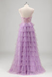 Sparkly A Line Tiered Lilac Paillettes Abito da Cerimonia con fessura